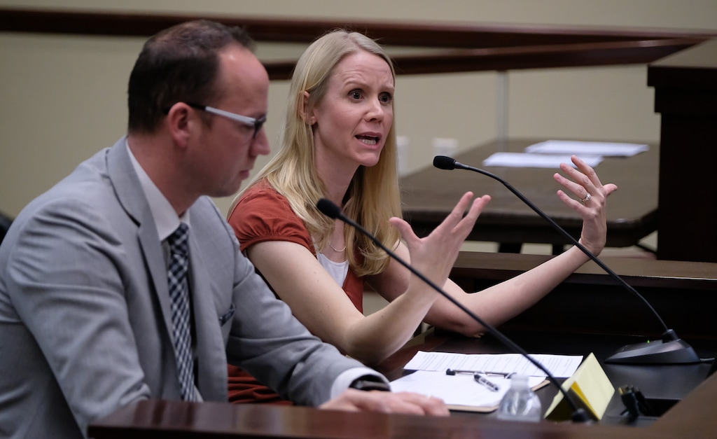 (Francisco Kjolseth  |  The Salt Lake Tribune)  Rep. Justin Fawson, R-North Ogden, who is sponsoring HB286 which amends provisions to health and sex education is joined by Melissa McKay who makes a point about sexting as they go before the House Education Standing Committee at the Utah Capitol on Tuesday, Feb. 20, 2018. 