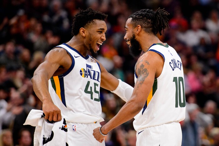 (Trent Nelson  |  The Salt Lake Tribune) Utah Jazz guard Donovan Mitchell (45) and Utah Jazz guard Mike Conley (10) in the fourth quarter as the Utah Jazz host the Sacramento Kings, NBA basketball in Salt Lake City on Saturday, Jan. 18, 2020.
