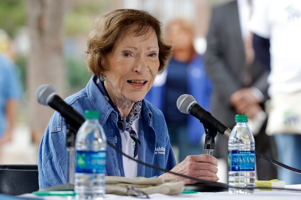 (Mark Humphrey | The Associated Press) Former first lady Rosalynn Carter answers questions during a news conference at a Habitat for Humanity building site, Nov. 2, 2015, in Memphis, Tenn. Carter, the closest adviser to Jimmy Carter during his one term as U.S. president and their four decades thereafter as global humanitarians, has died at the age of 96.