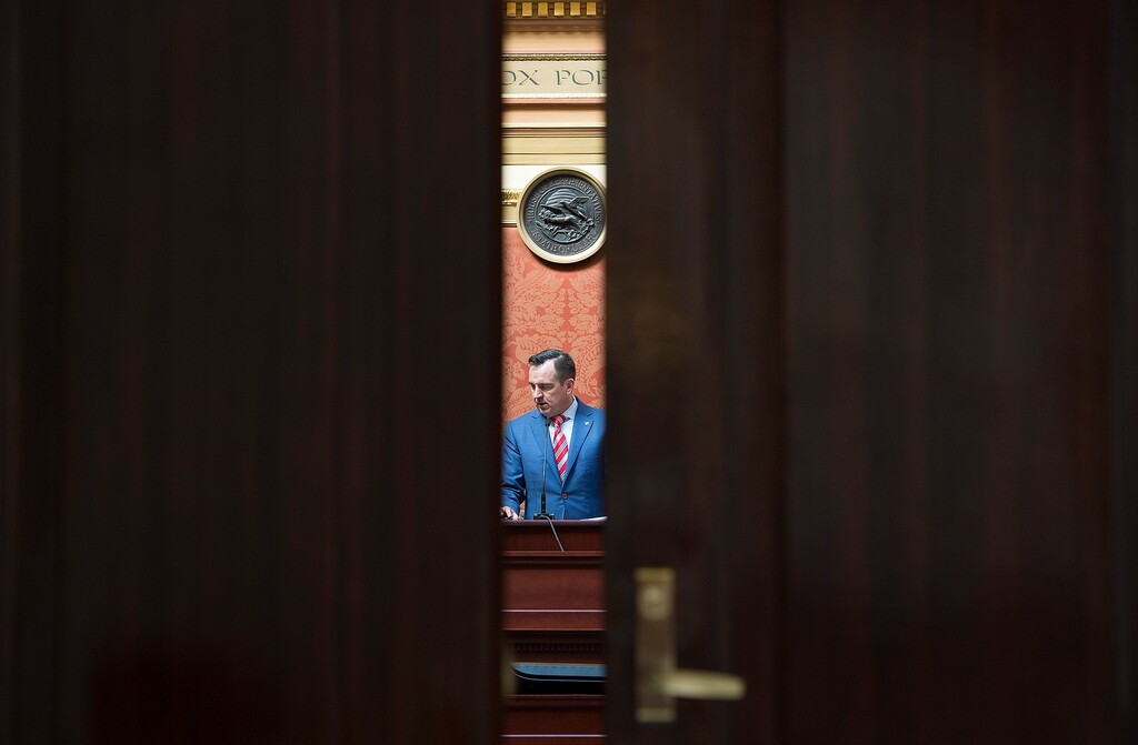 Scott Sommerdorf | The Salt Lake TribuneThe doors to the House shut as Speaker of the House Greg Hughes, R-Draper, runs floor time in the Utah House of Representatives, Wednesday, March 7, 2018.