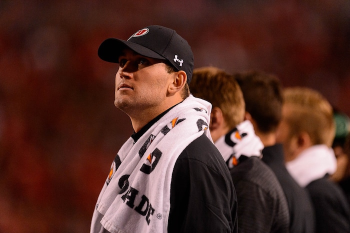 (Trent Nelson | The Salt Lake Tribune) Utah's Chase Hansen watches the game from the bench as the Utah Utes host the San Jose State Spartans, NCAA football at Rice-Eccles Stadium in Salt Lake City, Saturday September 16, 2017.
