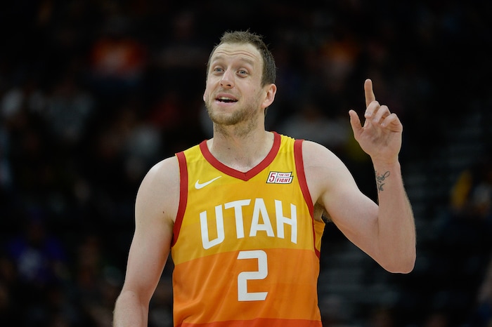 (Francisco Kjolseth  |  The Salt Lake Tribune)  Utah Jazz forward Joe Ingles (2) makes his point with referee as the Utah Jazz host the Denver Nuggets in their NBA game at Vivint Smart Home Arena Tuesday, April 9, 2019, in Salt Lake City.