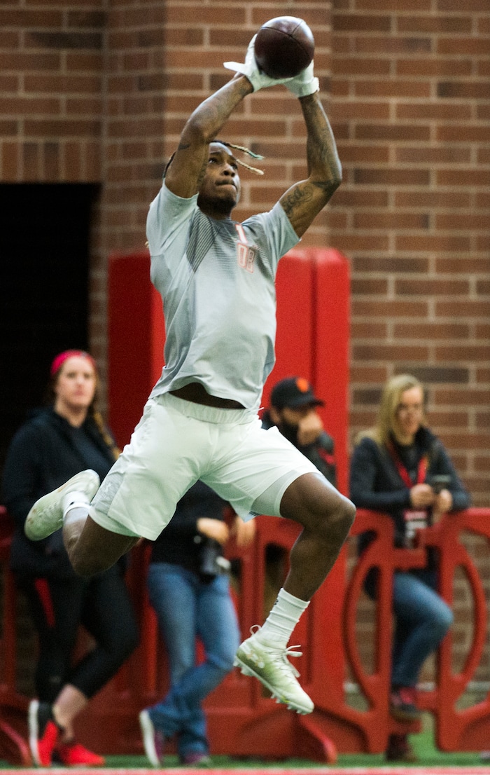 (Rick Egan  |  The Salt Lake Tribune)      Boobie Hobbs catches a pass, during University of Utah's 2018 Pro Day for NFL scouts, at Spence Eccles Field House, Wednesday, March 28, 2018.