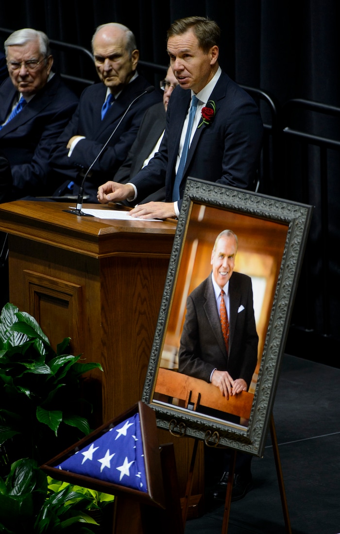 (Steve Griffin  |  The Salt Lake Tribune)  Paul Huntsman speaks about his father during funeral services for Jon Huntsman Sr. at the Huntsman Center on the University of Utah campus in Salt Lake City Saturday February 10, 2018.