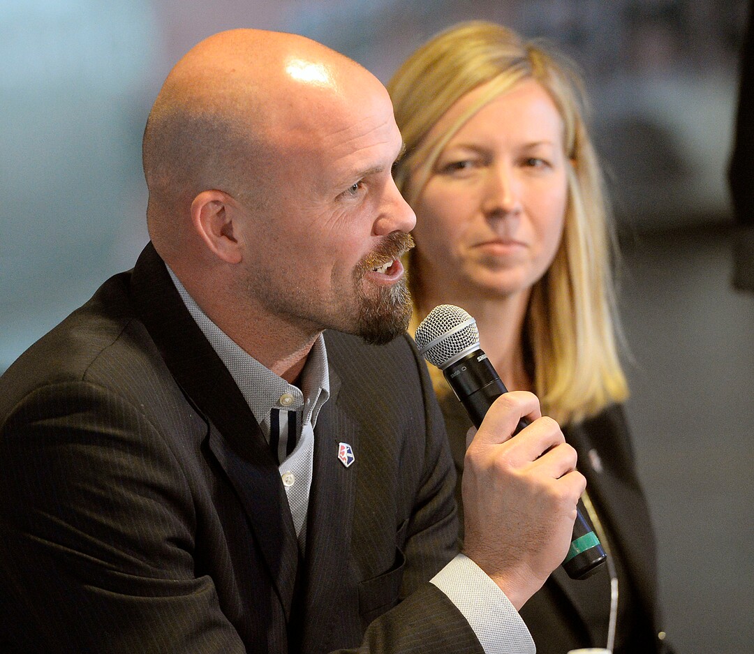 (Al Hartmann  |  The Salt Lake Tribune) 	Criag Wabel, Real Salt Lake General Manager and National Women Soccer League Managing Director Amanda Duffy speak at press conference at Rio Tinto stadium that Real Salt Lake owner Dell Loy Hansen will field a women's team in Utah for the 2018 season. 