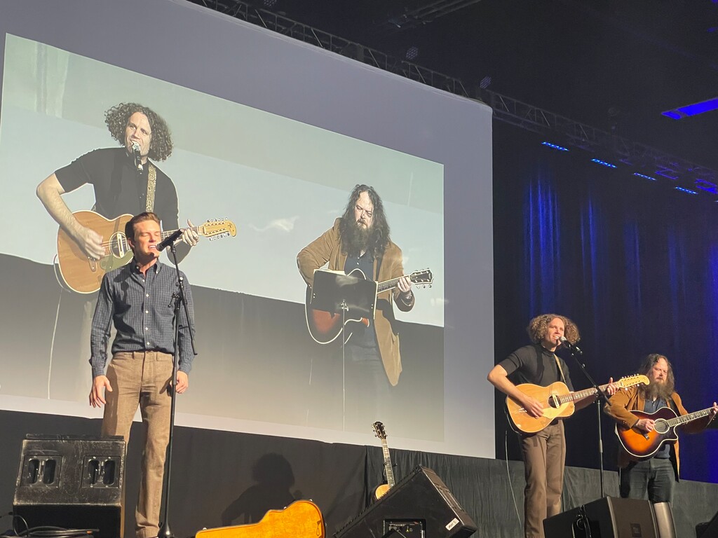 (Faith Matters)
Brandon Flowers, frontman for The Killers, sings at the Restore gathering at Sandy's Mountain 
America Exposition Center in October 2023.