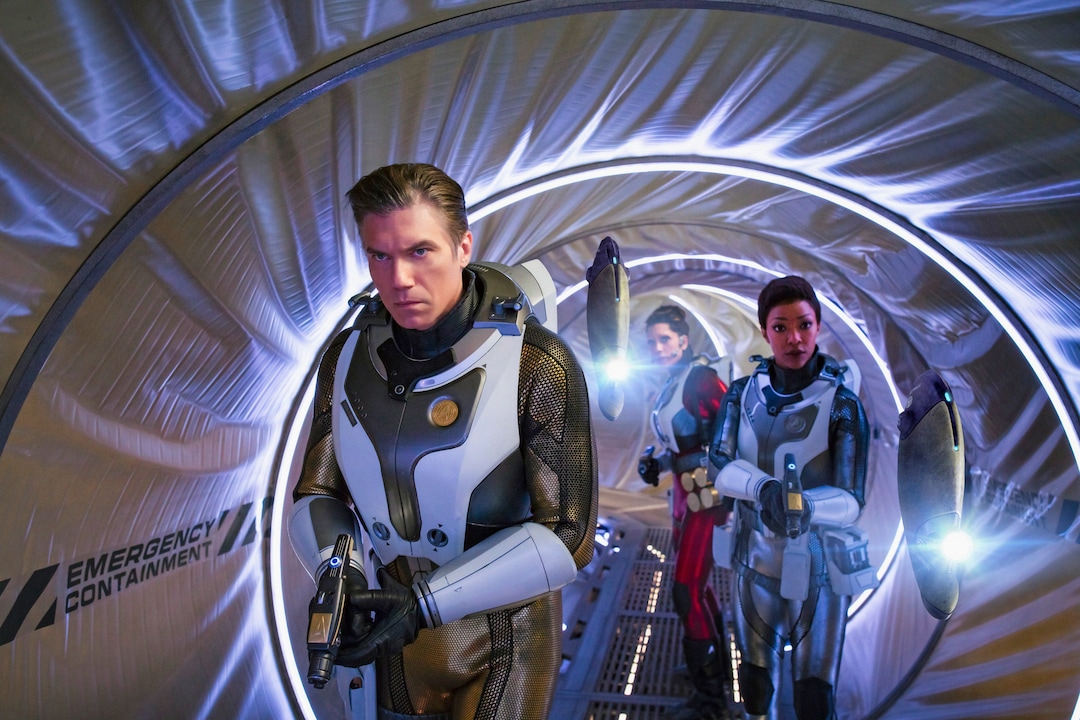(Photo courtesy Jan Thijs/CBS) Anson Mount as Captain Pike, Rachael Ancheril as Lt. Nhan; Sonequa Martin-Green as Commander Michael Burnham in “Star Trek: Discovery.”