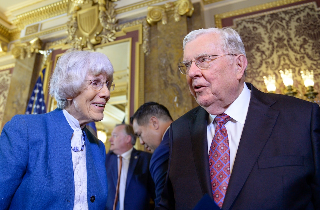 (Chris Samuels | The Salt Lake Tribune) M. Russell Ballard, left, president of the Quorum of the Twelve Apostles for The Church of Jesus Christ of Latter-day Saints, talks with Pamela Atkinson, after Ballard is honored at the Capitol, Thursday, July 22, 2021.