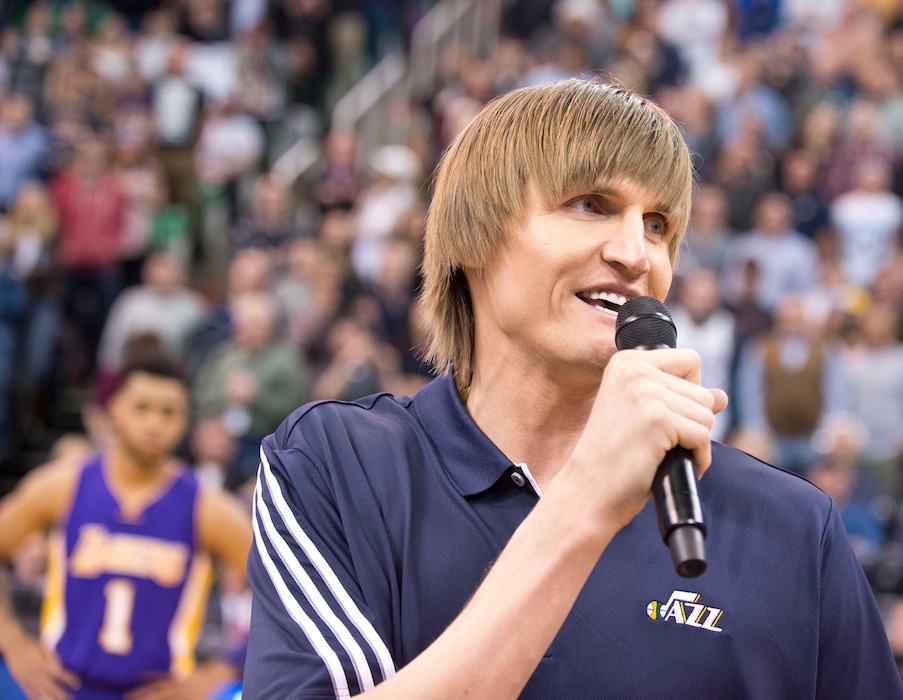 Lennie Mahler  |  The Salt Lake TribuneFormer Jazz player Andrei Kirilenko speaks during a tribute to his career as the Utah Jazz faced the Los Angeles Lakers at Vivint Smart Home Arena in Salt Lake City, Monday, March 28, 2016.