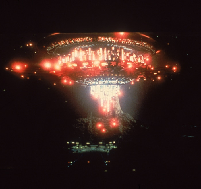 (Courtesy  |  Columbia Pictures) An alien mothership hovers over Devil's Tower in Wyoming, in a scene from Steven Spielberg's 1977 science-fiction classic "Close Encounters of the Third Kind," being released in theaters for its 40th anniversary.