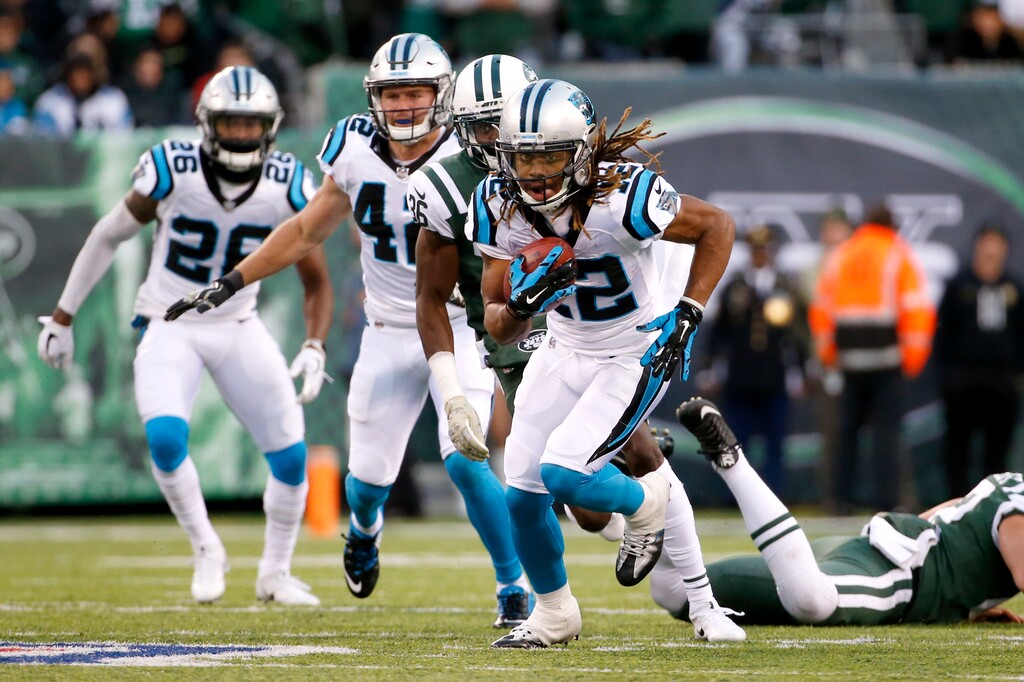 Carolina Panthers' Kaelin Clay (12) returns a New York Jets punt for a touchdown during the second half of an NFL football game, Sunday, Nov. 26, 2017, in East Rutherford, N.J. (AP Photo/Kathy Willens)
