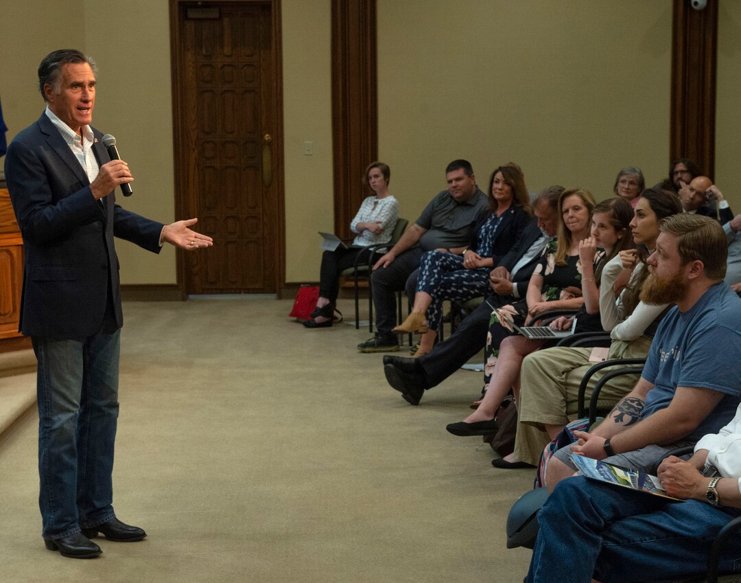 (Rick Egan  |  The Salt Lake Tribune)       Mitt Romney speaks during a town hall meeting at the Provo City Hall Council Chambers, Friday, June 21, 2019.