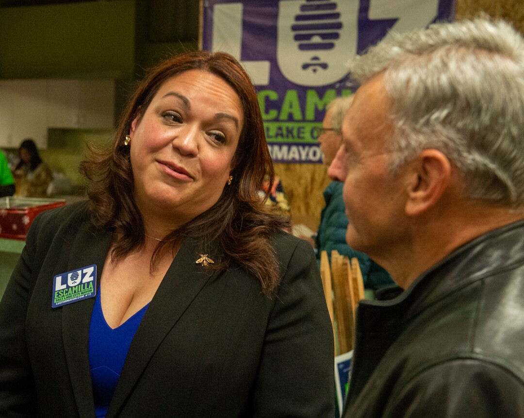 (Rick Egan  |  The Salt Lake Tribune) Salt Lake City mayoral candidate  Luz Escamilla visits with supporters as she waits for the results, at her campaign headquarters, Tuesday, Nov. 5, 2019.