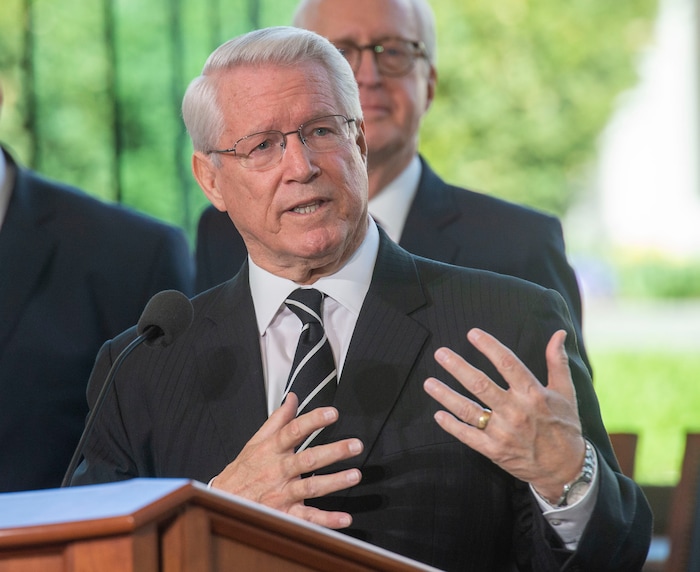 (Rick Egan  |  The Salt Lake Tribune)    Bishop Dean M. Davies answers questions from the media, during a news conference on the upcoming closure and renovation of the Salt Lake Temple, Temple Square and the adjoining plaza near the Church Office Building. Friday, April 19, 2019.