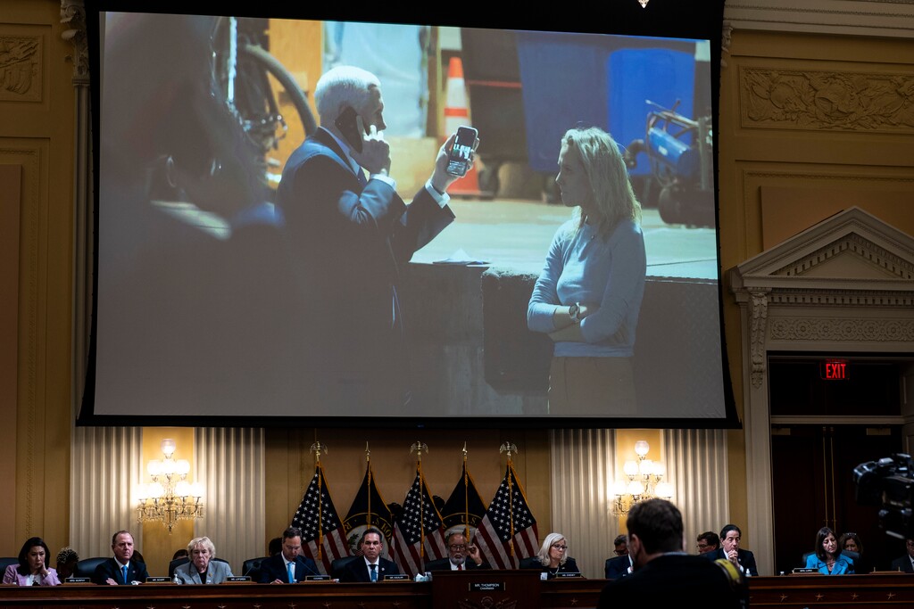 (Doug Mills | The New York Times) 

A photograph of former Vice President Mike Pence looking at a tweet by former President Donald Trump while he and his staff took shelter in an undisclosed location is displayed during a hearing of the House Select Committee investigating the Jan. 6 attack on the Capitol at the Capitol in Washington, June 16, 2022. An angry mob chanting “hang Mike Pence” came within 40 feet of the vice president.
