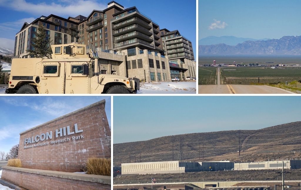 (The Salt Lake Tribune) Utah locations that are under MIDA jurisdiction or have received funding, clockwise from top left: The Grand Hyatt hotel at Deer Valley's East Village; the Dugway Proving Ground; the Utah Data Center in Bluffdale; and the Falcon Hill research park at Hill Air Force Base.