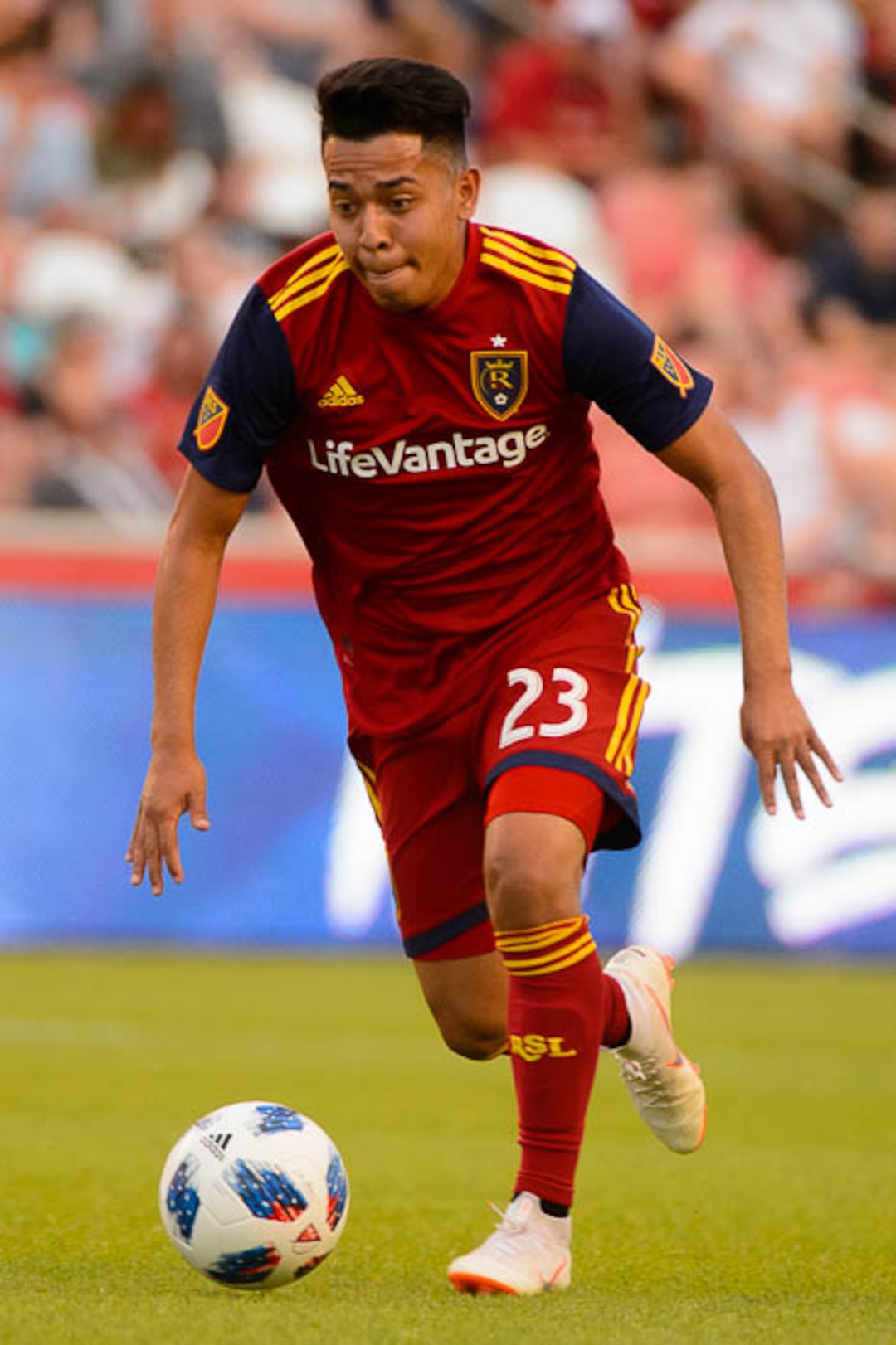 (Trent Nelson | The Salt Lake Tribune)  Real Salt Lake hosts FC Dallas, MLS soccer at Rio Tinto Stadium in Sandy, Saturday July 7, 2018. Real Salt Lake midfielder Sebastian Saucedo (23).