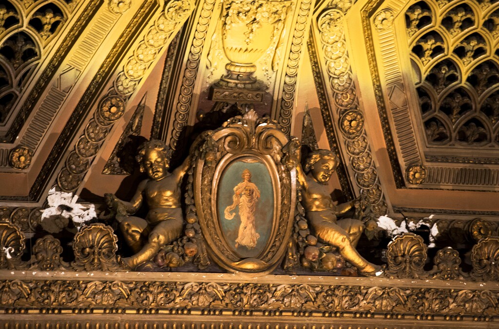 (Steve Griffin  |  Tribune file photo) The ornate plaster ceiling and skylight in the interior of the aging Utah Theater in 2015.