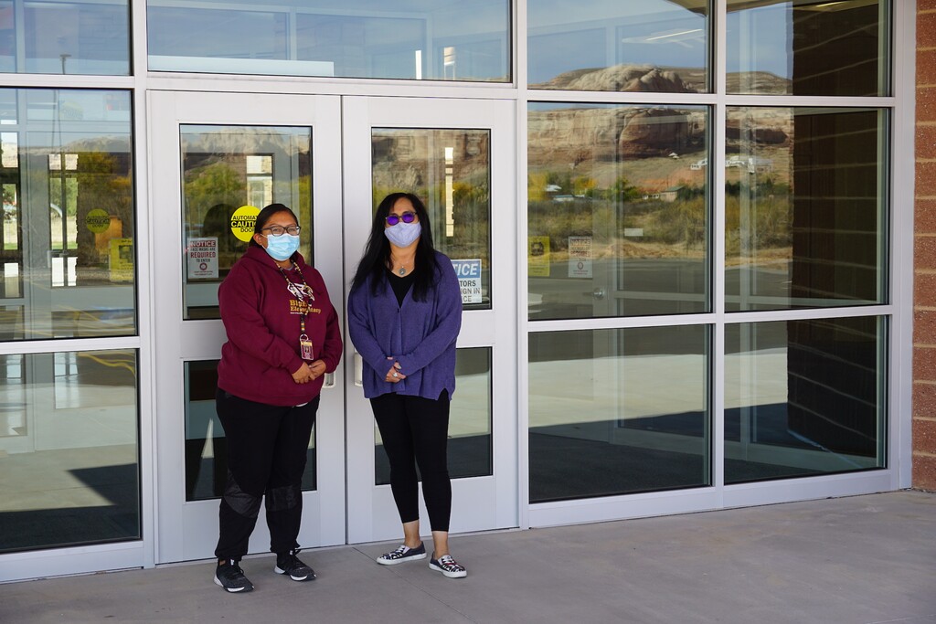 (Zak Podmore | The Salt Lake Tribune) Bluff Elementary School Principal Barbara Silversmith (right) and secretary Fenesia Manygoats stand outside the new school building on Friday, Oct. 23, 2020.