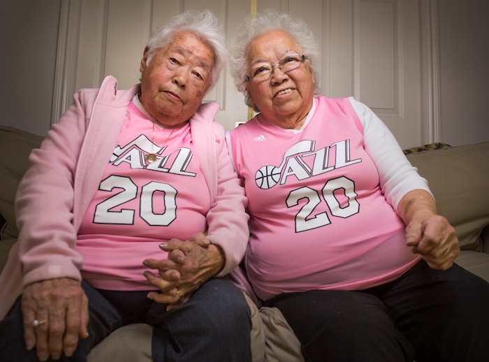 Leah Hogsten  |  The Salt Lake Tribune 
l-r Chances are that if you've been to a Utah Jazz basketball game, you've seen sister Yeiko Homma and Keiko Mori on the jumbo screens. The two women, seen here on April 30, 2017, always dressed in pink jerseys at Jazz games are known locally as "The Pink Grandmas." Keiko Mori died Aug. 17, 2017, at age 88.