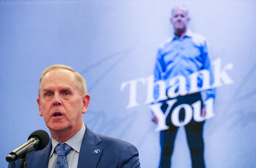 (Chris Samuels | The Salt Lake Tribune) Former BYU athletic director Tom Holmoe makes remarks during a news conference in Provo in February 2025.
