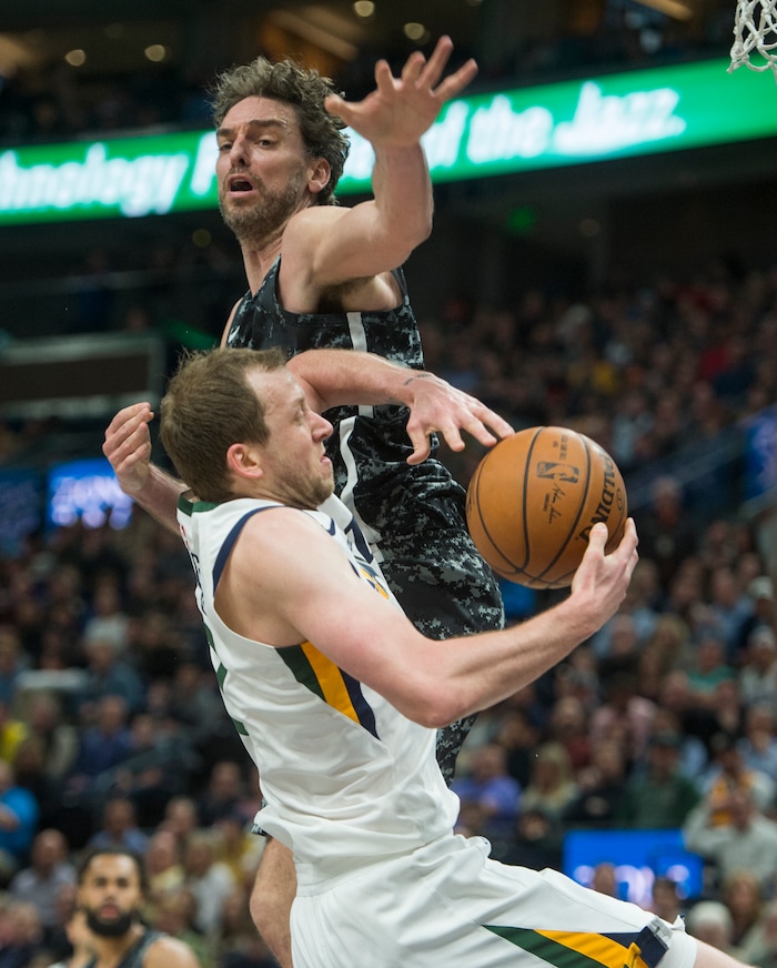 (Rick Egan  |  The Salt Lake Tribune)   San Antonio Spurs center Pau Gasol (16) stops Utah Jazz forward Joe Ingles (2) from scoring with a hard foul, in NBA action, in Salt Lake City, Monday, February 12, 2018.