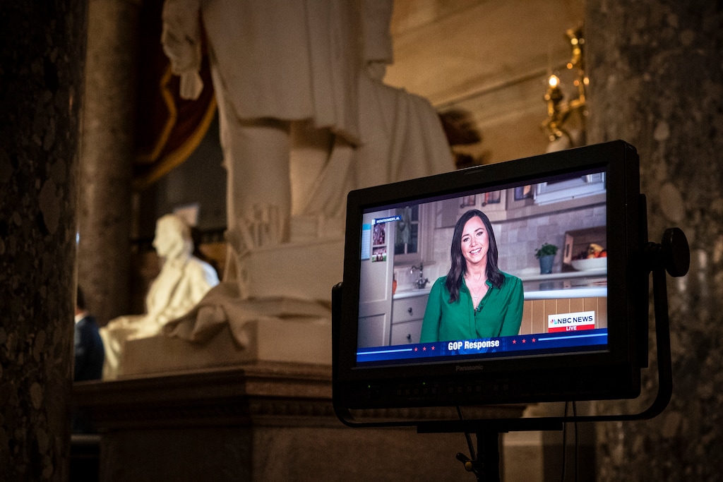 (Haiyun Jiang | The New York Times) A screen at the U.S. Capitol shows Sen. Katie Britt, R-Ala., delivering the Republican Party’s official response to President Joe Biden's State of the Union address, in Washington on March 7, 2024.
