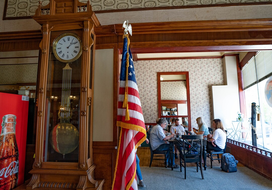 (Francisco Kjolseth | The Salt Lake Tribune) A grandfather clock joins the various stages of historic memorabilia at Idle Isle Cafe in Brigham City which is turning 100 this month, May 14, 2021.
