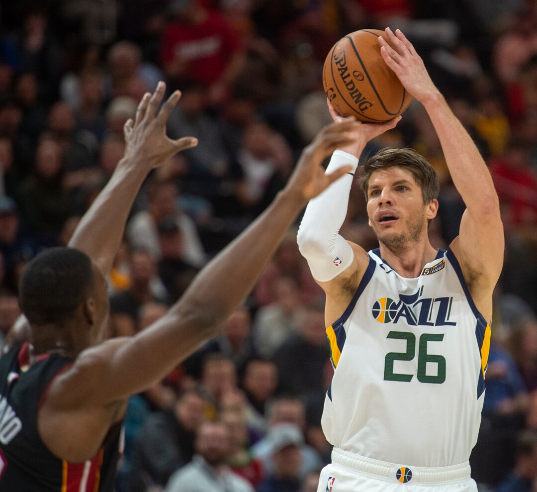 (Rick Egan  |  The Salt Lake Tribune)     Utah Jazz guard Kyle Korver (26) shoots over Miami Heat center Bam Adebayo (13), in NBA action between Utah Jazz and Miami Heat, at Vivint Smart Home Arena Wednesday, Dec. 12, 2018.
