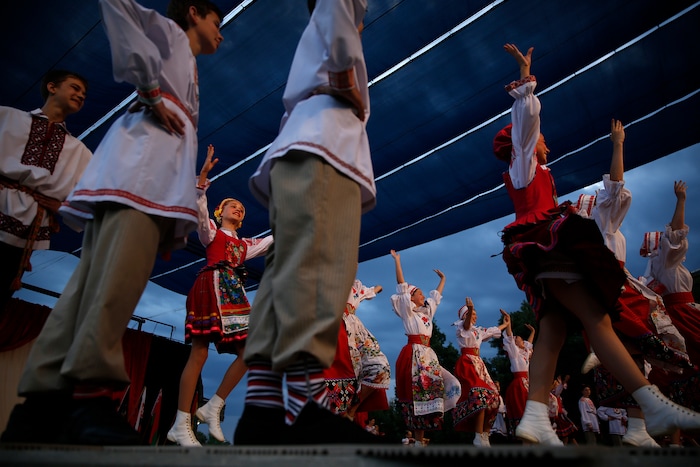 (Daniel Carde | for The Salt Lake Tribune) Performers from Belarus dance at the World Folkfest at the Springville Arts Park, Springville, Thursday, Aug. 1, 2018.