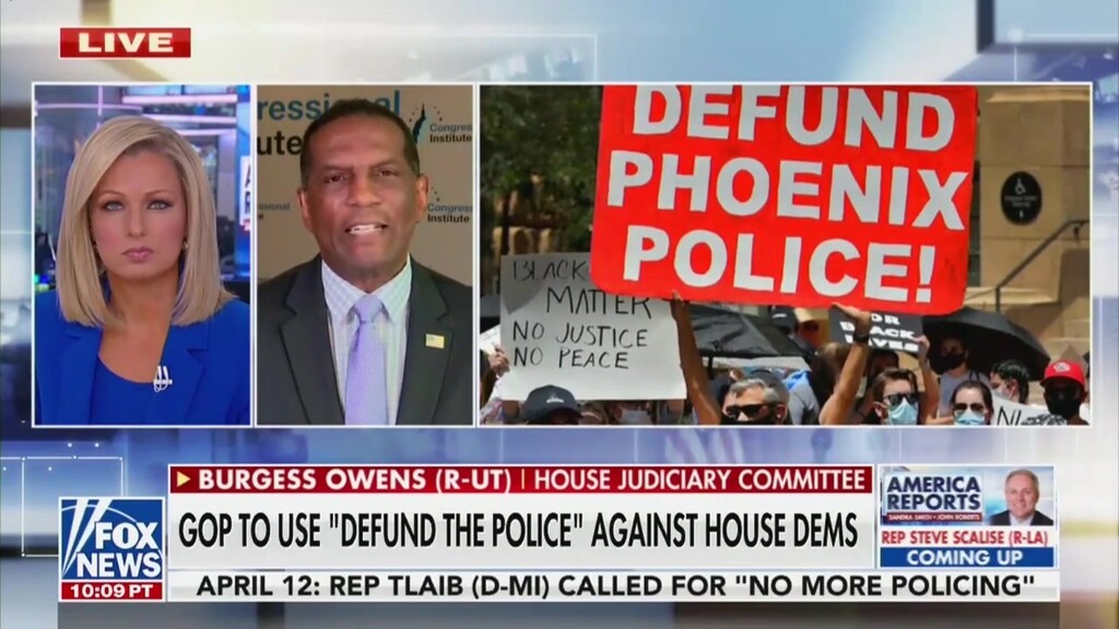 (Screenshot | Fox News) Utah Rep. Burgess Owens went on Fox News Monday to claim Salt Lake City "defunded" its police by $5 million and murders are now on the rise. The city's changes to the police budget were actually more nuanced; spending increased in some categories, and some money was shifted but continued to be spent in support of the department.