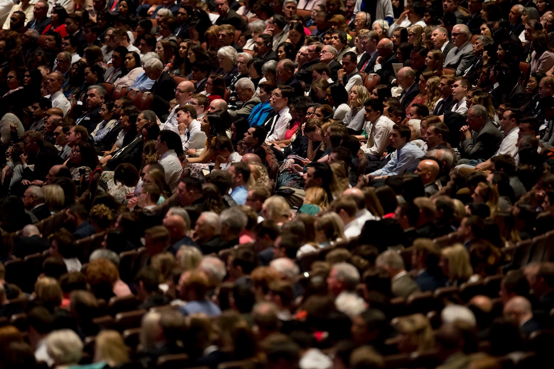 (Jeremy Harmon  |  The Salt Lake Tribune)  Attendees listen during the Sunday morning session of General Conference on April 1, 2018.
