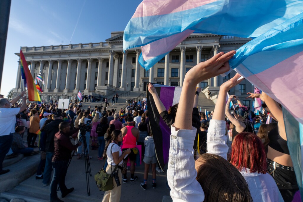 (Rick Egan | The Salt Lake Tribune) More than a thousand protesters gather on the steps of the Capitol, in support of transgender youth, on Thursday, March 24, 2022.