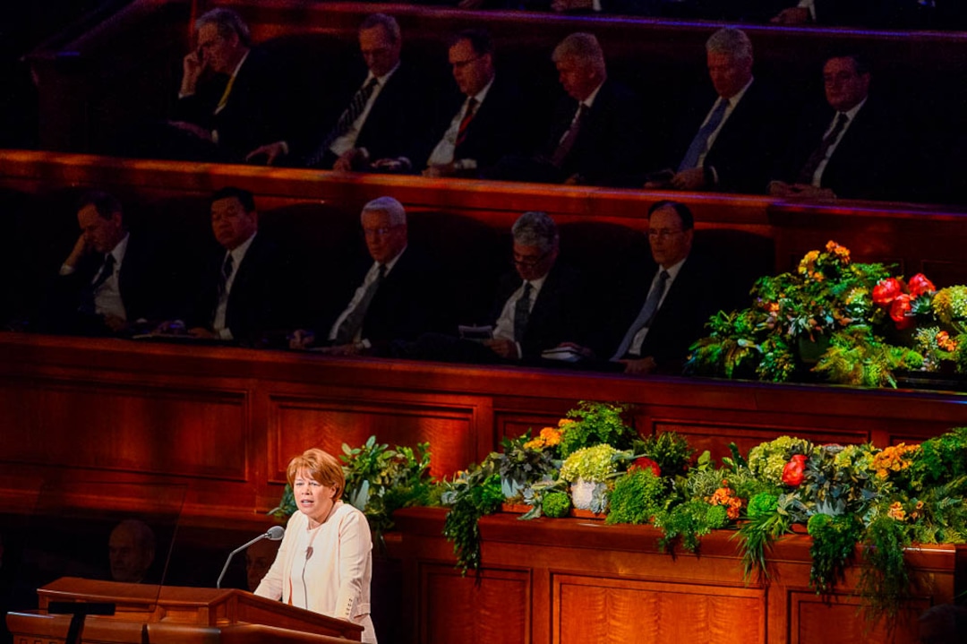 (Trent Nelson  |  The Salt Lake Tribune)  Sharon Eubank, first counselor in the general presidency of the Relief Society, speaks during the morning session of the189th Annual General Conference of The Church of Jesus Christ of Latter-day Saints in Salt Lake City on Sunday April 7, 2019.