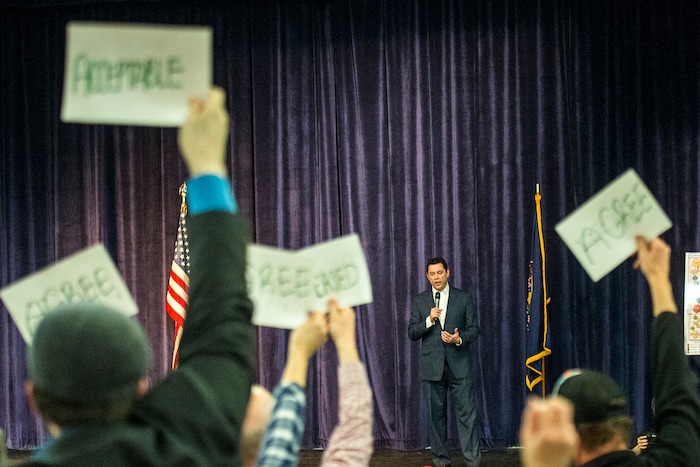 Chris Detrick  |  The Salt Lake Tribune
U.S. Rep. Jason Chaffetz, R-Utah, speaks during the town-hall meeting in Brighton High School Thursday February 9, 2017. 