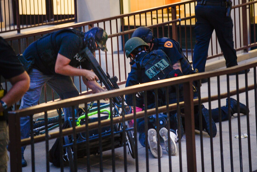 (Francisco Kjolseth  |  The Salt Lake Tribune) Police arrest Jarod Hartlerode after yelling "drop the pipe," multiple times. It is unclear what type of pipe they were referring to. While lying on his stomach an officer shot him in the back with a bean bag as hundreds of protesters took to the streets of Salt Lake City engaging with the police on Saturday, May 30, 2020. The protest was in response to the death of George Floyd in Minneapolis.