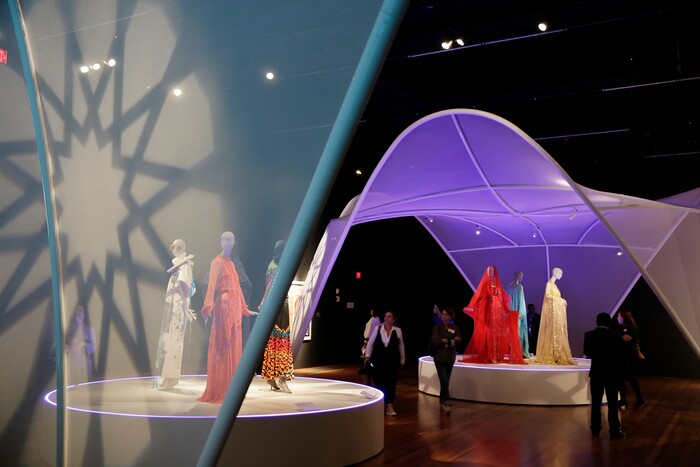 (Eric Risberg  |  AP Photo)  In this photo taken Thursday, Sept. 20, 2018, is the exhibit Contemporary Muslim Fashions at the M. H. de Young Memorial Museum in San Francisco. The first major museum exhibition of contemporary Muslim women's fashion reflects designs from around the world that are vibrant and elegant, playful and diverse.   The exhibit opens on Saturday.