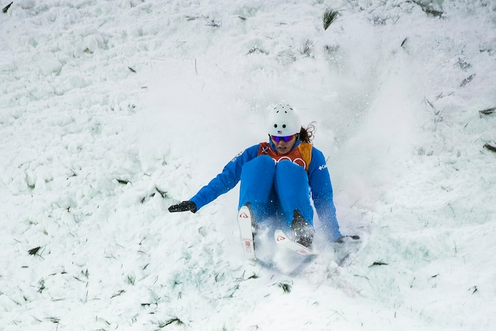 (Chris Detrick  |  The Salt Lake Tribune)  USA’s Ashley Caldwell competes during the Ladies' Aerials Qualification at Phoenix Park during the Pyeongchang 2018 Winter Olympics Thursday, Feb. 15, 2018.  Caldwell's highest score was 81.81 and did not advance to the finals. 