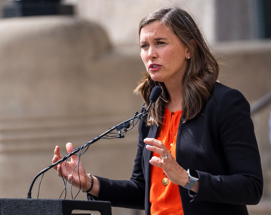 (Rick Egan | The Salt Lake Tribune)  Salt Lake City Mayor Erin Mendenhall discusses the plans for overflow shelters and transitional housing during a news conference at City Hall on Tuesday, Sept. 13, 2022.