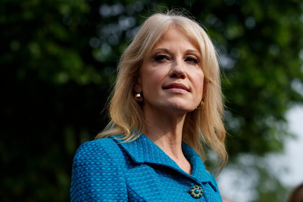 (Evan Vucci | AP file photo) White House counselor Kellyanne Conway talks with reporters outside the White House in Washington on April 30, 2019. A federal watchdog is recommending that President Donald Trump remove counselor Kellyanne Conway from federal service for repeatedly violating the Hatch Act by repeatedly disparaging Democratic presidential candidates while speaking in her official capacity during television interviews and on social media.
