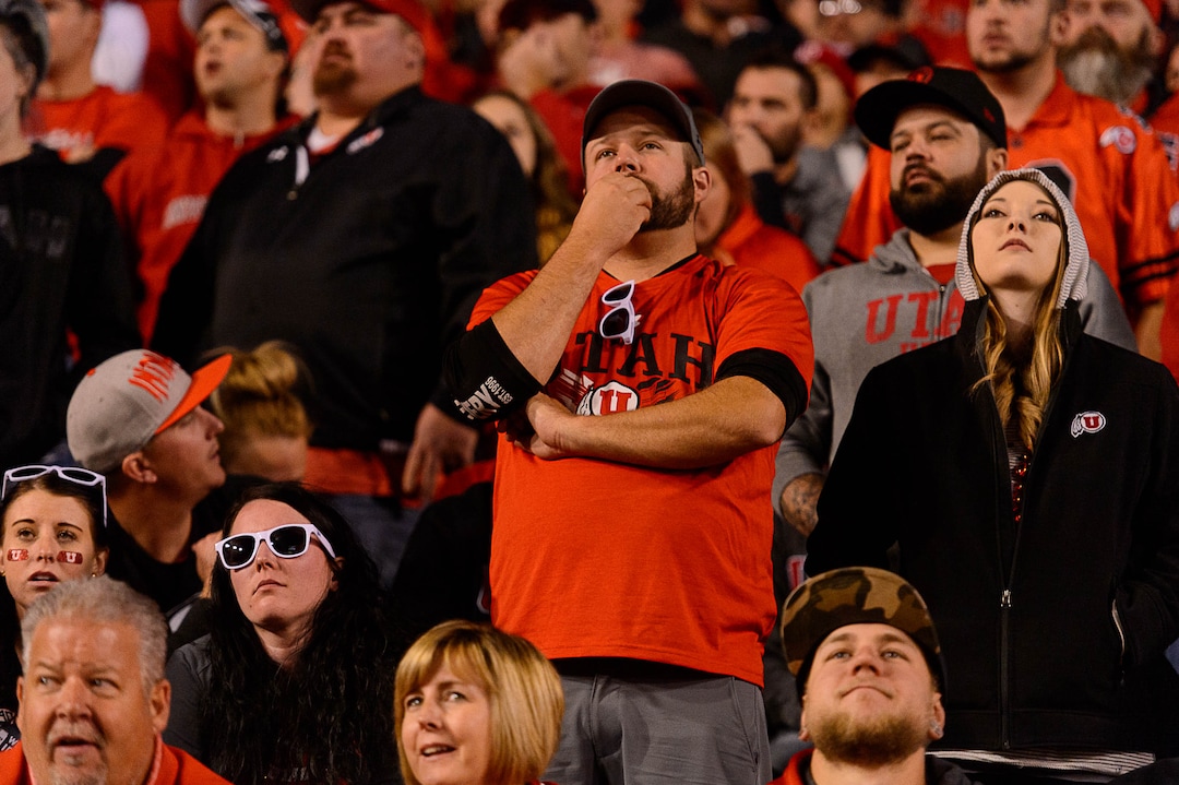 (Trent Nelson | The Salt Lake Tribune)  Utah fans look on in the fourth quarter as the University of Utah hosts Stanford, NCAA football at Rice-Eccles Stadium in Salt Lake City Saturday October 7, 2017.