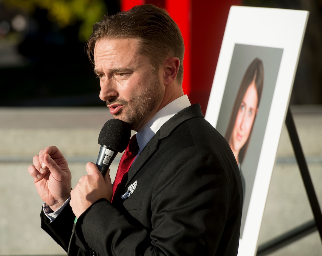 (Jeremy Harmon  |  The Salt Lake Tribune) Pastor Troy Champ speaks during a vigil for Utah track athlete Lauren McCluskey on Wed. Oct 24, 2018. McCluskey was killed on campus on Monday and was a member of Champ's congregation.
