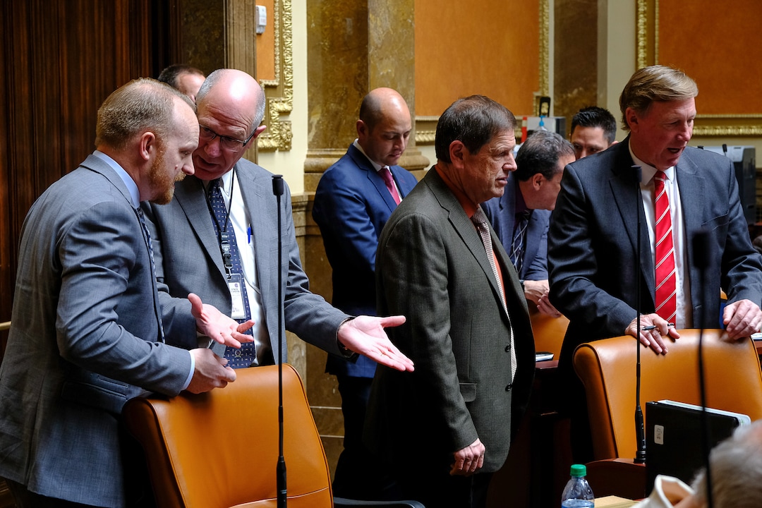 (Francisco Kjolseth  |  The Salt Lake Tribune)  House representatives gather at the Capitol as the legislature calls itself into special session to attempt to override Gov. Gary Herbert's vetoes of two bills. 
