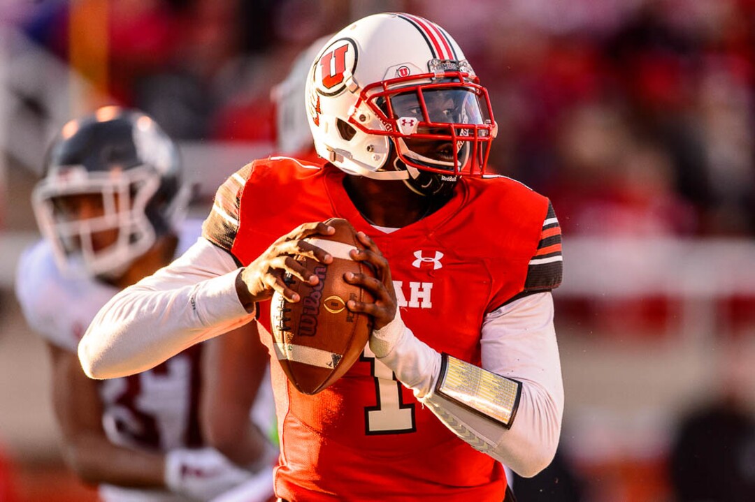 (Trent Nelson | The Salt Lake Tribune)  Utah Utes quarterback Tyler Huntley (1) as the University of Utah hosts Washington State, NCAA football in Salt Lake City, Saturday November 11, 2017.