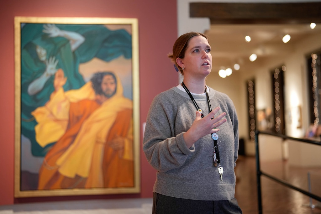 (Francisco Kjolseth | The Salt Lake Tribune) Allison Pinegar, curator at the Springville Museum of Art, talks about the 39th Annual Spiritual and Religious Art of Utah exhibit.