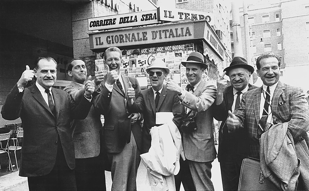 (Robert H. Woody | The Salt Lake Tribune) In 1966, Utahns attended an IOC meeting in Rome to pitch the idea of Salt Lake City hosting the 1972 Winter Olympics. From left:  Jack Gallivan, Salt Lake Tribune publisher; Dev Jennings, president of the Utah Ski Association; Gene Donovan; Maxwell E. Rich, Salt Lake Chamber of Commerce president; Walker Wallace; F. C. Koziol Wasatch/Cache National Forest supervisor; and Glen Adams.