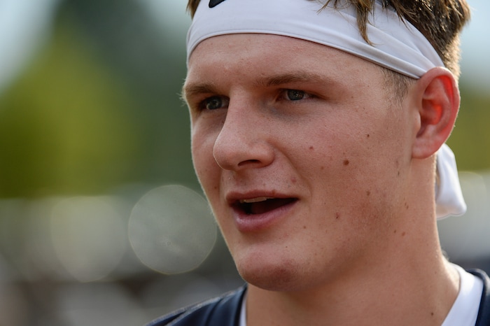 (Francisco Kjolseth  |  The Salt Lake Tribune)  BYU's Beau Hoge speaks with the media following preseason training camp on their practice field on Thursday, Aug. 2, 2018.