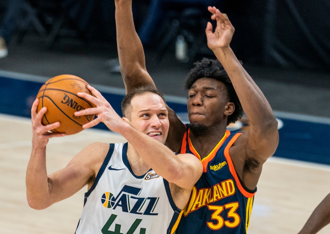 (Rick Egan | The Salt Lake Tribune) Utah Jazz forward Bojan Bogdanovic (44) goes to the basket as Golden State Warriors center James Wiseman (33) defends, in NBA action between the Utah Jazz and the Golden State Warriors at Vivint Arena, on  Saturday, Jan. 23, 2021.