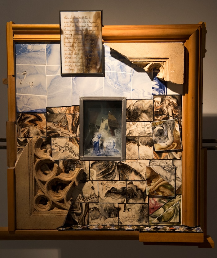 (Rick Egan  |  The Salt Lake Tribune)      Nuremberg, Germany, Saint Lorenz, is part of the the McDonald Windows, stained glass exhibit, "Remembered Light," which features fragments from World War II windows. The exhibit brought to Utah by the Salt Lake Interfaith Roundtable & the Peace Committee of the Utah District of Rotary International. The exhibit runs through Nov 17, at 175 South Main, in Salt Lake City. Monday, Oct. 29, 2018.




