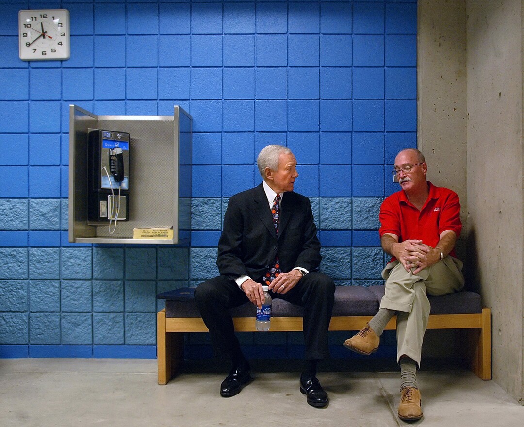 (Chris Detrick | The Salt Lake Tribune) Sen. Orrin Hatch, left, talks with Dave Hansen backstage before Hatch's speech before the Utah Republican Party convention held at Salt Lake Community College on Aug. 27, 2005.